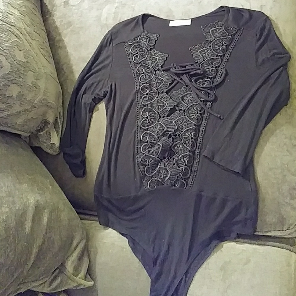 Ornate Bodysuit Shirt Lace Up Front